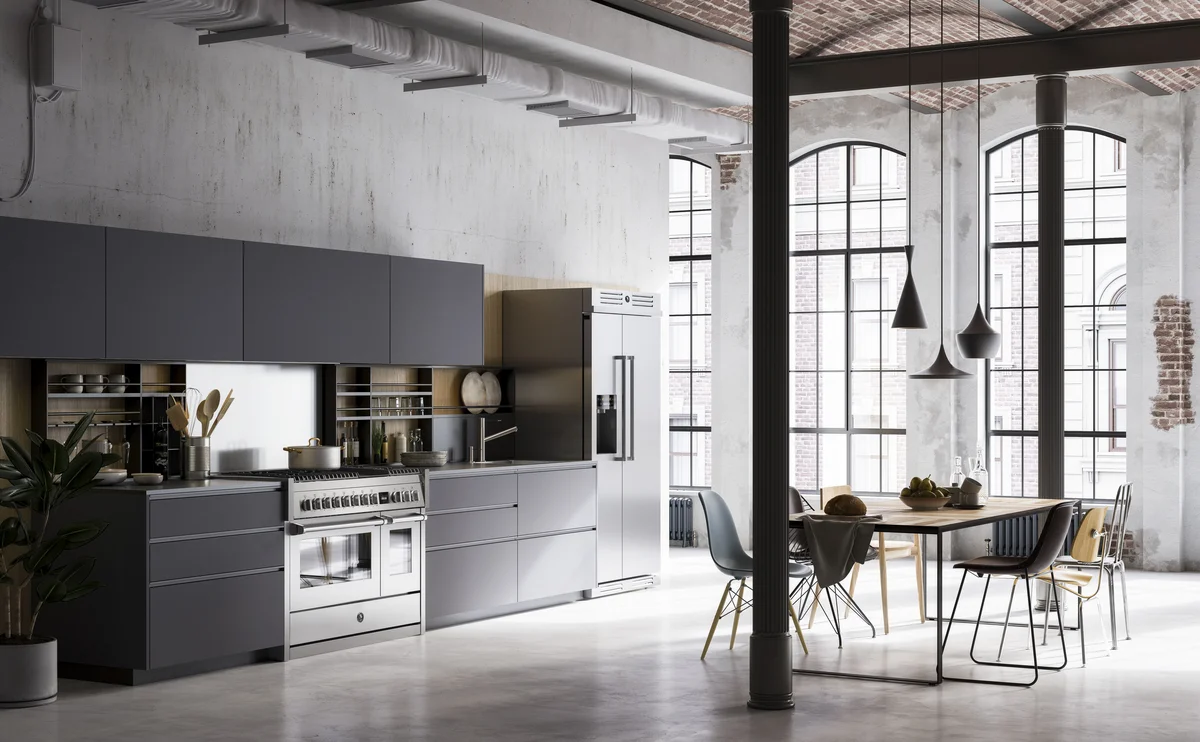 Helle, moderne und geräumige Küche in industrieller Optik