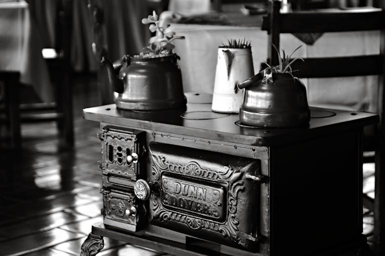 Black and white image of a vintage iron stove with kettles and plants indoors in Ecuador.